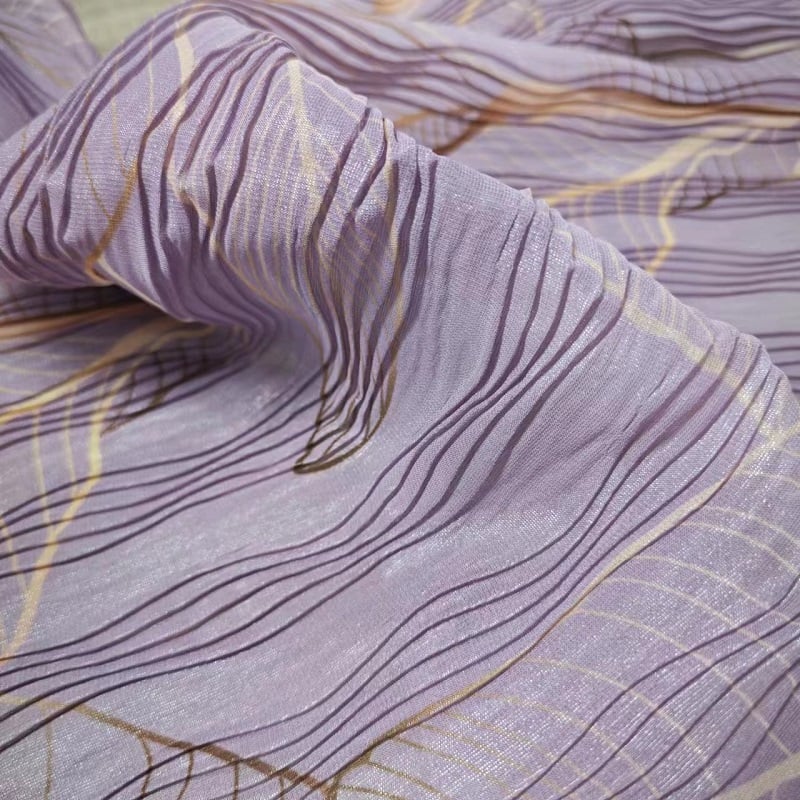 Pleated 100% Polyester Fabric with Metallic Yarn Detailing in the Design